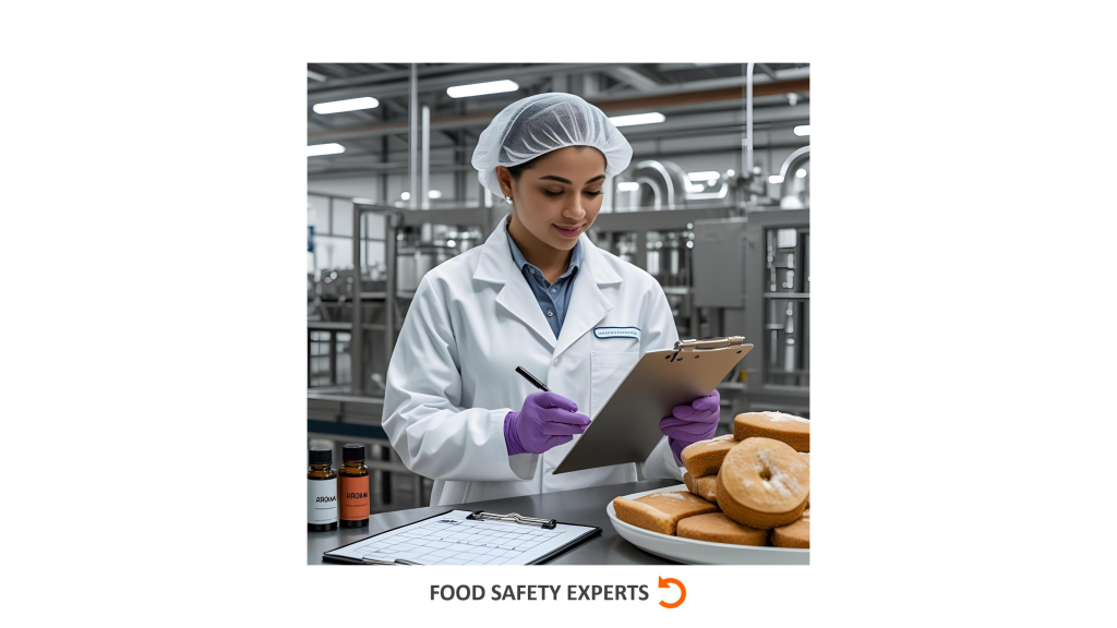 Food industry worker in lab coat and hairnet writing on a clipboard in a factory, evaluating aroma handling near baked goods and aroma bottles.