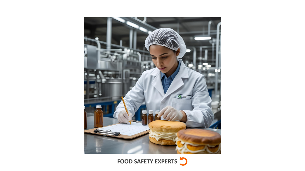 Food safety technician in a lab coat and hairnet evaluating aroma samples in a food production facility, writing notes on a clipboard with pastries and aroma bottles on the table.
