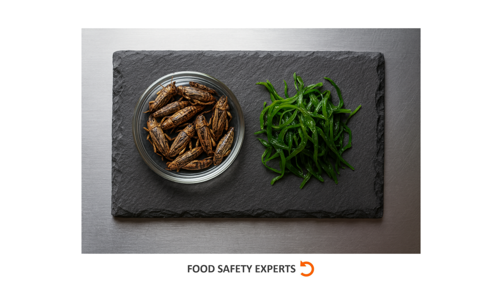 A glass bowl filled with edible crickets placed on the left, next to a pile of bright green algae on a black slate board, representing European Novel Foods.