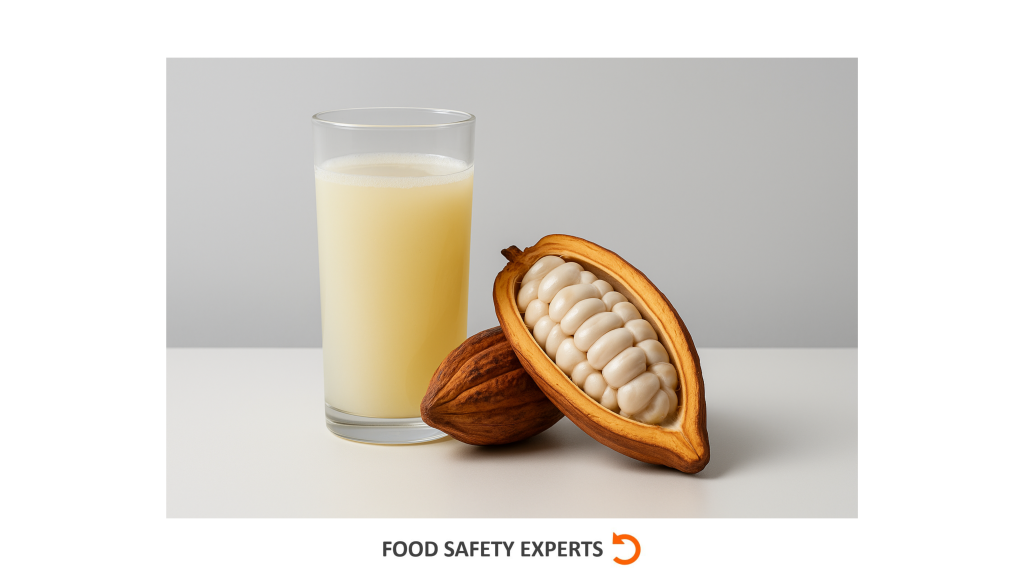 A tall glass of pale yellow cacao pulp juice placed next to a split-open cocoa pod showing white cacao pulp and seeds, on a neutral background.