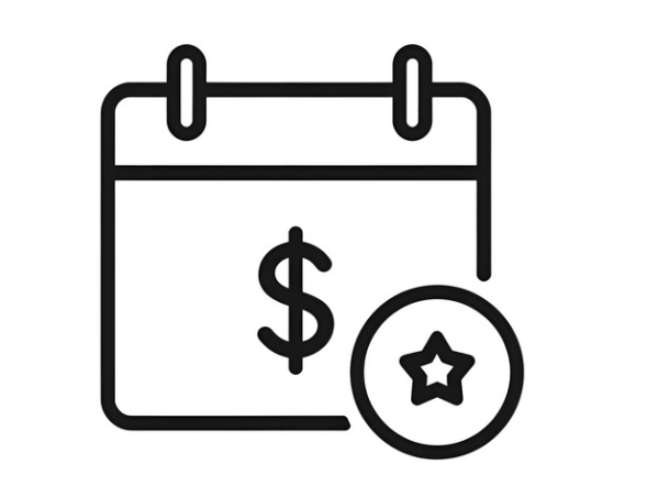 Line icon of a calendar with a dollar sign and star badge representing annual subscription and best value.