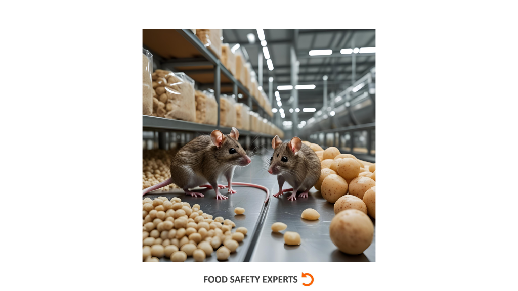 Two rodents on a food production line next to unpackaged ingredients in a factory