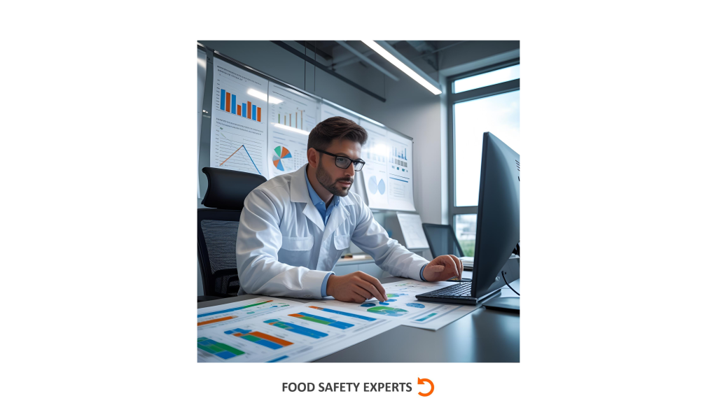 Food safety manager analyzing pest control trend data on a computer in a modern office