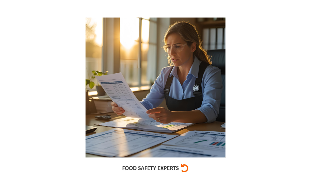 Food safety manager reviewing pest control data and compliance documents in an office setting