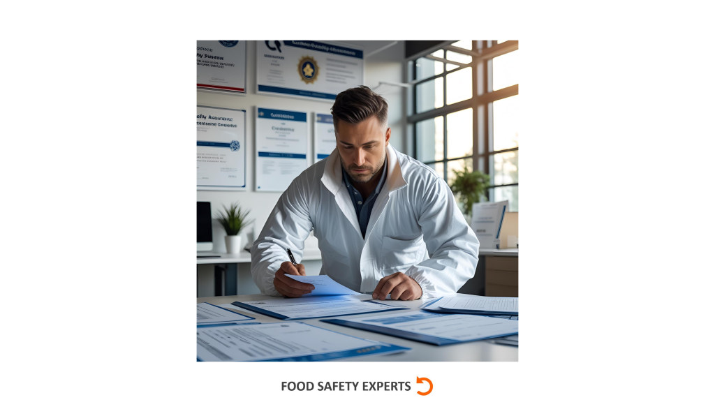 QA manager in white coat reviewing supplier documents in a certified food safety office.