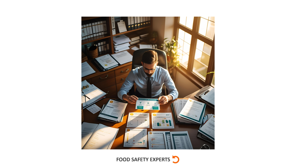 Regulatory affairs specialist reviewing food claim documentation and compliance reports at a desk filled with printed materials