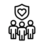 Bold black-line icon of three people standing under a shield with a heart, representing support, well-being, and burnout prevention in QA teams.