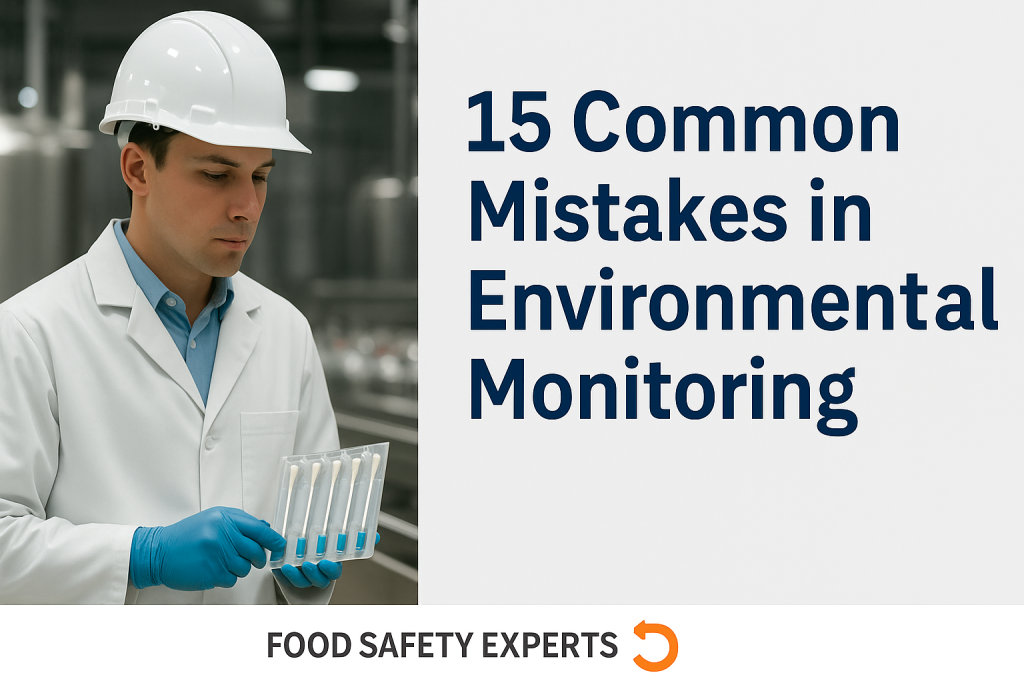 QA professional in blue gloves using a swab for environmental monitoring on stainless steel equipment in a food production facility.