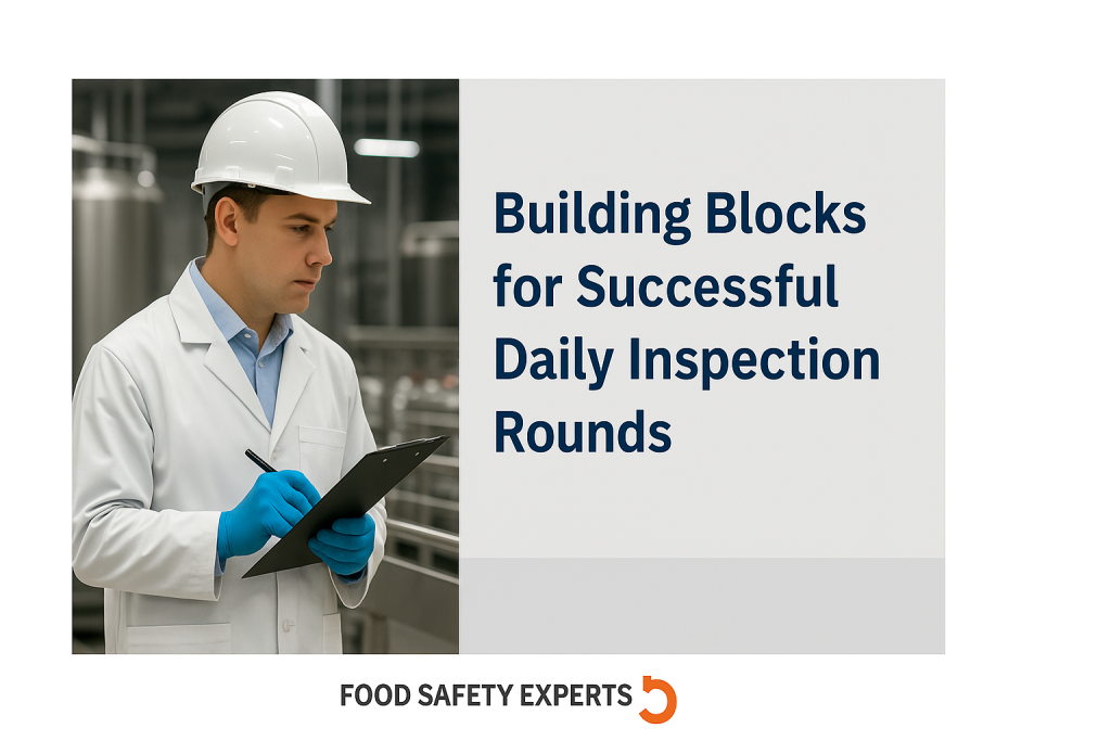 QA professional in a white coat, hairnet, and gloves performing daily inspection rounds in a modern food production facility, holding a clipboard and checking equipment.