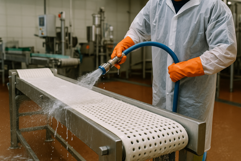 Worker cleaning a conveyor belt in a food processing facility to maintain hygiene standards.