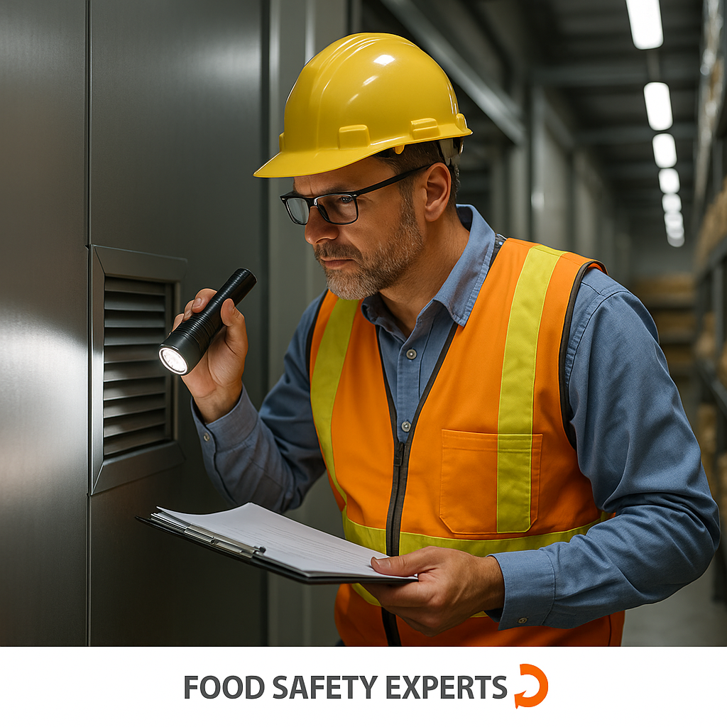 Maintenance manager inspecting a door seal for pest entry in a food production facility