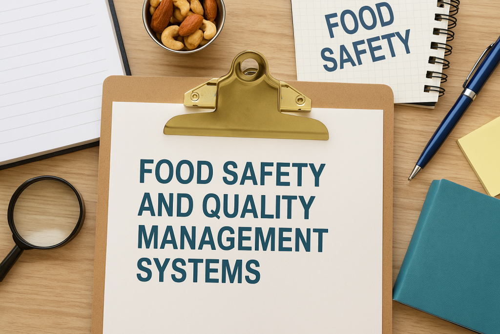 Food Safety and Quality Management Systems – Training Materials Clipboard with the title "Food Safety and Quality Management Systems" surrounded by office supplies, notepad, and a bowl of nuts.