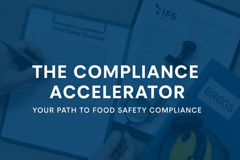 Hand holding a pen over a food safety checklist with binders labeled IFS Food and BRCGS in the background — visual representation of The Compliance Accelerator training.