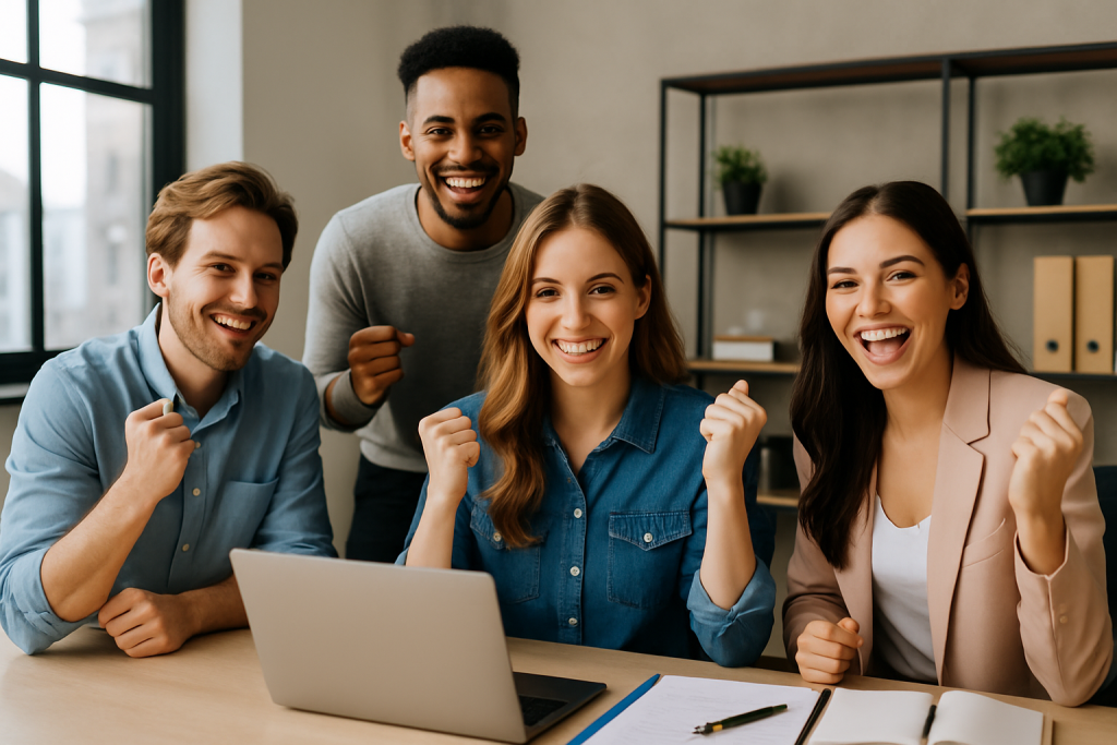 Young professionals collaborating in a modern office setting, discussing food safety training and quality assurance in the international food industry.
