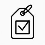 Claims and Labeling Black line icon of a product label with a checkmark on a white background, symbolizing EU nutrition and health claim compliance.