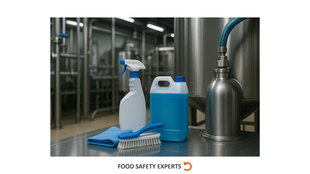Cleaning supplies, including a spray bottle, jerrycan, brush, and microfiber cloth, on a stainless-steel surface in a food industry facility with large tanks and pipes in the background.