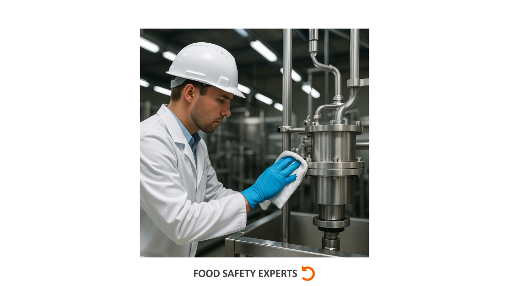 Worker cleaning stainless steel equipment in a food industry facility, wearing white lab coat, hard hat, and blue gloves.