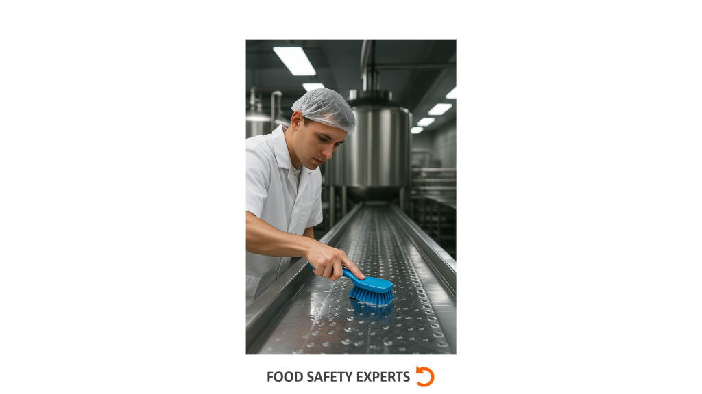Worker cleaning a stainless steel conveyor belt in a food processing facility using a blue scrubbing brush, wearing a white lab coat and hairnet.