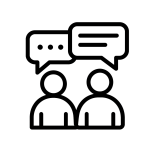 Bold black-line icon of two people with speech bubbles above them, representing dialogue, communication, and feedback exchange.
