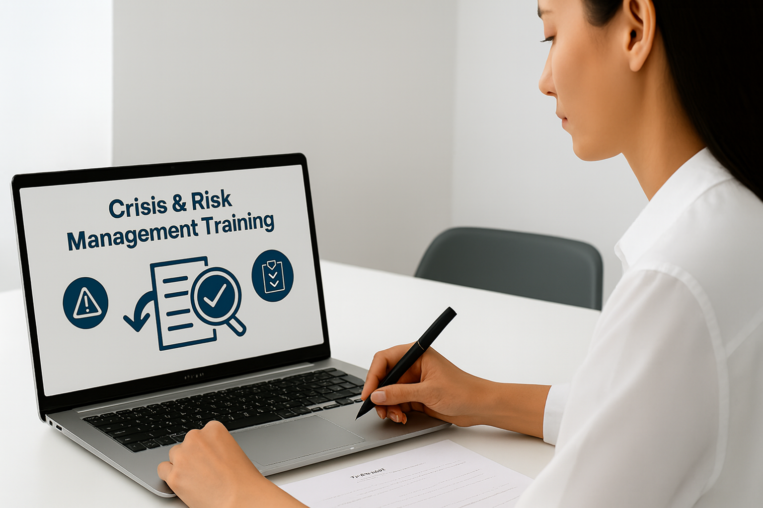 Young woman studying Crisis & Risk Management Training on a laptop, symbolizing food safety learning and audit preparedness.