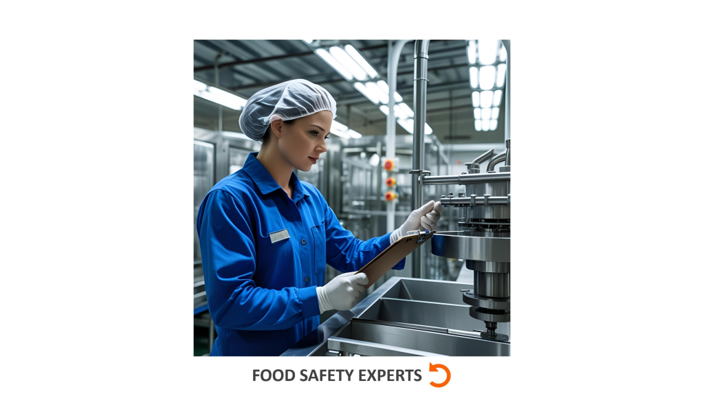 QA professional in blue protective clothing conducting a daily inspection round in a food production facility, holding a clipboard and checking processing equipment.