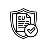 Bold black line icon of an EU regulatory document with a shield, representing Novel Food compliance.