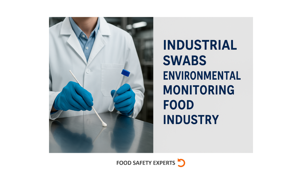 Close-up of a QA professional using an industrial swab to collect an environmental sample from stainless steel equipment in a food production facility.