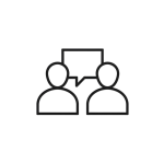 Line icon of two people talking, with a speech bubble, symbolizing 1-on-1 coaching sessions included with each Mastery Module.