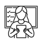 Black-and-white icon of a woman holding a tablet in front of a checklist board, symbolizing external audit preparation in food safety.