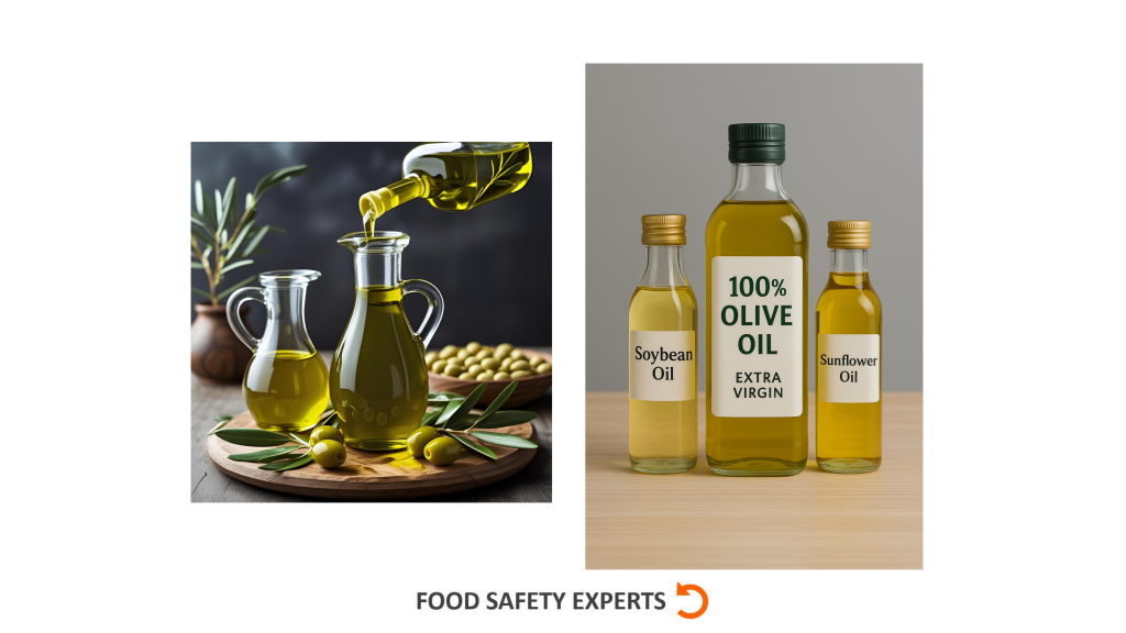Three bottles of cooking oil labeled as “100% Extra Virgin Olive Oil,” surrounded by ingredients such as sunflower and soybeans, suggesting adulteration.