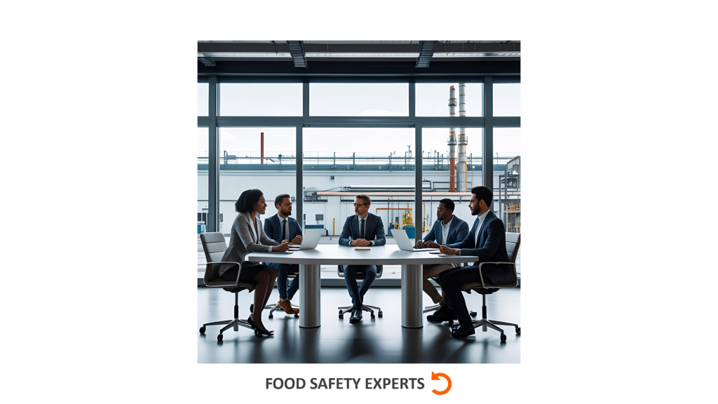 Food industry professionals in a modern meeting room discussing food fraud prevention strategies with factory infrastructure visible outside.
