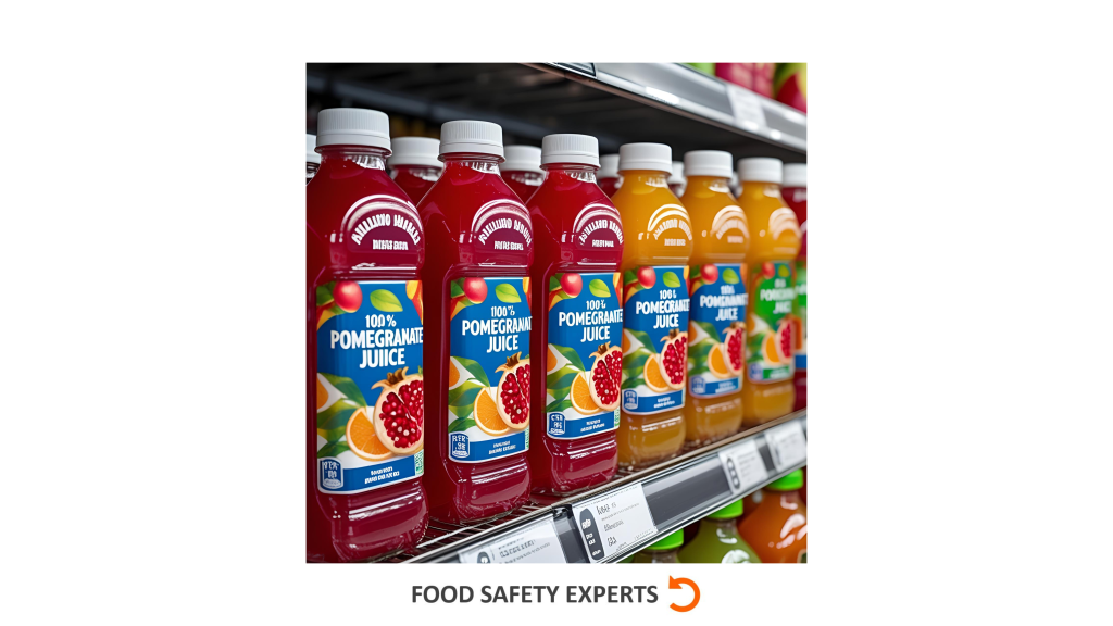 Bottles labeled as 100% pomegranate juice on a supermarket shelf, with varied colors suggesting possible juice adulteration.