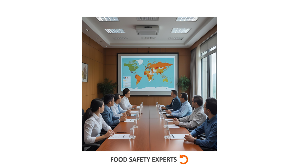A diverse group of professionals in a boardroom reviewing a world map during a food safety culture training session.