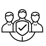 Black-and-white icon of three people connected in a circle with a shield checkmark, symbolizing food safety culture and shared responsibility.
