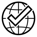 Minimal black and white line icon of a globe with a checkmark symbolizing global GFSI compliance.