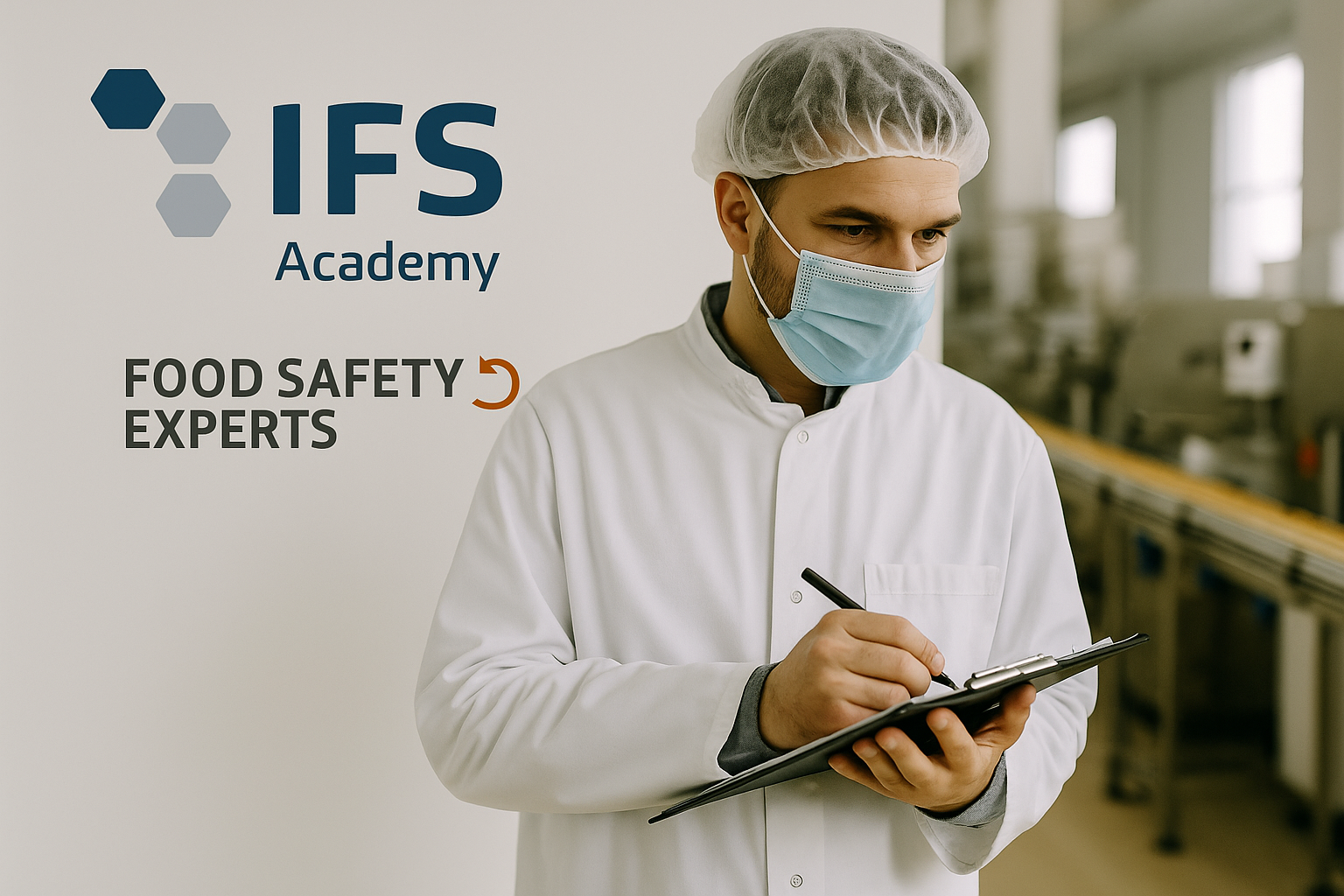 Food safety auditor in a factory wearing protective clothing and mask, holding a clipboard during inspection, with IFS Academy and Food Safety Experts logos in the background.