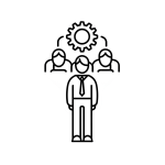 Minimalist line-art icon of a leader figure with a gear above them, symbolizing management, leadership, and audit readiness.