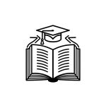 Minimalist line-art icon of an open book with a graduation cap and arrows pointing outward, symbolizing training and knowledge sharing.