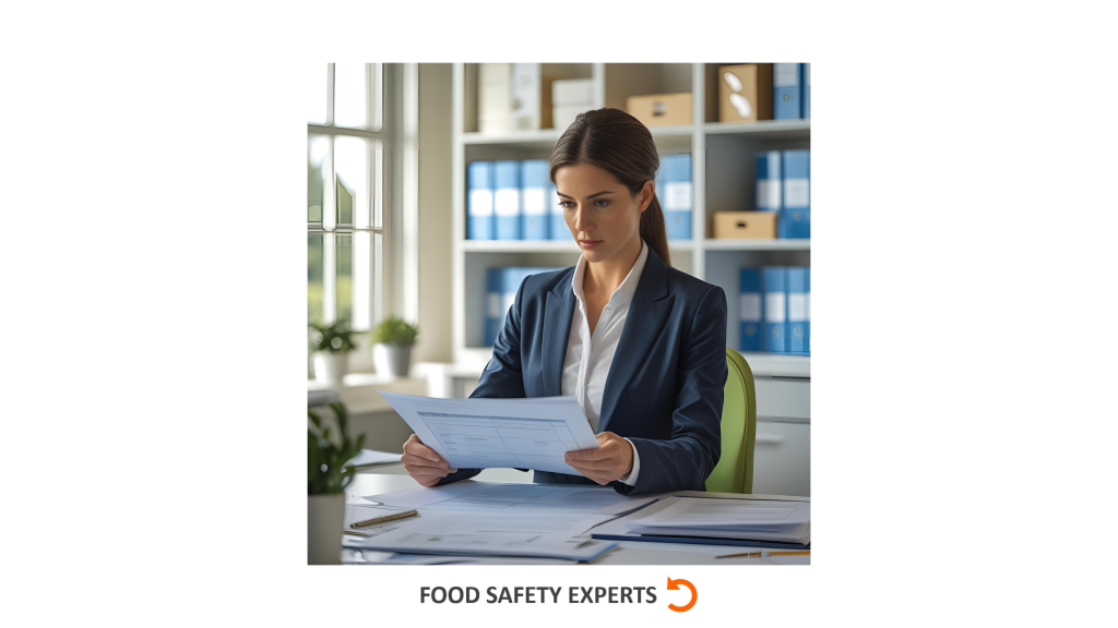 Professional woman reviewing audit documents in a bright office with shelves of folders and organized paperwork.