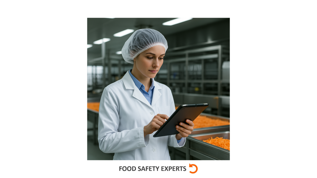 Food safety auditor wearing a hairnet and lab coat, reviewing data on a tablet in a clean food processing facility.
