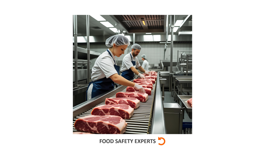 Food industry workers wearing hairnets and gloves inspecting raw meat on a conveyor line in a clean, stainless steel processing facility.