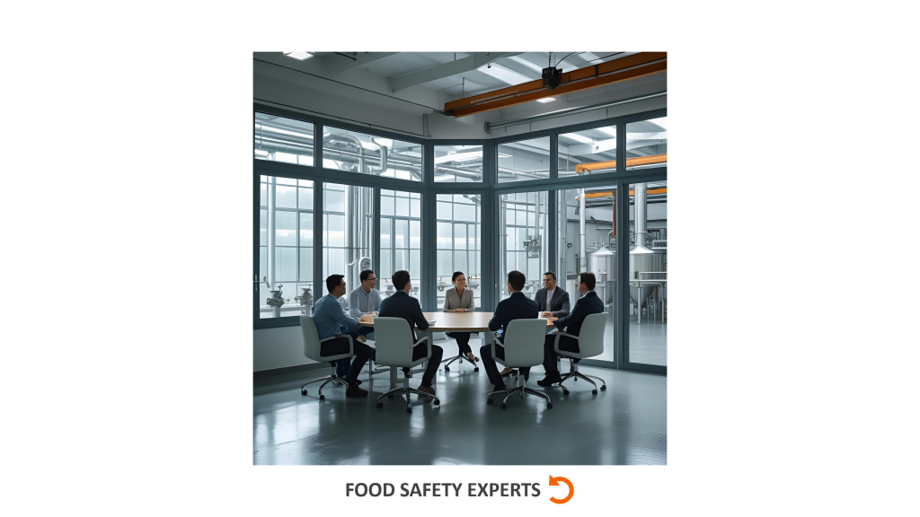 Audit team and company representatives meeting in a glass-walled conference room inside a food production facility.