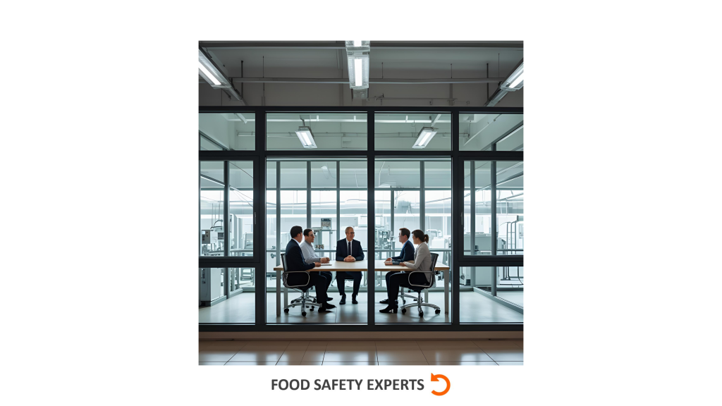 Group of professionals in a formal meeting room inside a food facility, discussing external audit results or preparation strategy.