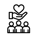 Bold black-line icon of three people under a hand holding a heart, representing leadership commitment, accountability, and support in food safety culture.