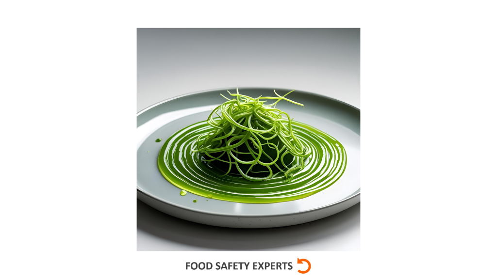 A modern food presentation of bright green algae strands arranged in a spiral pattern on a gray plate, illustrating an example of European Novel Foods.