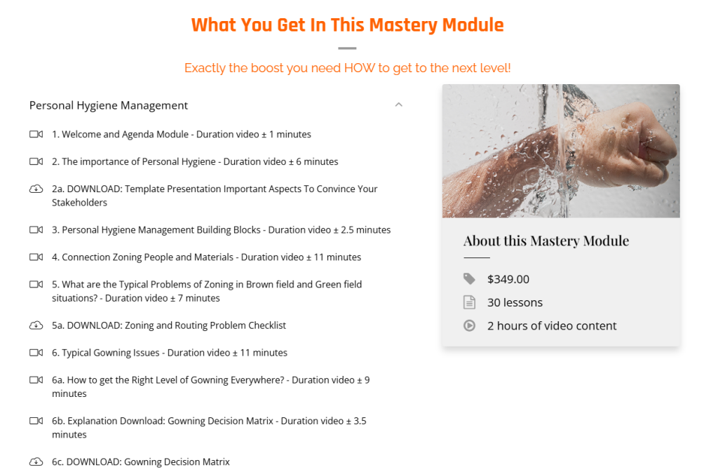 Screenshot of the Personal Hygiene Management Mastery Module overview, showing a lesson list, pricing, and a close-up image of a fist under running water.