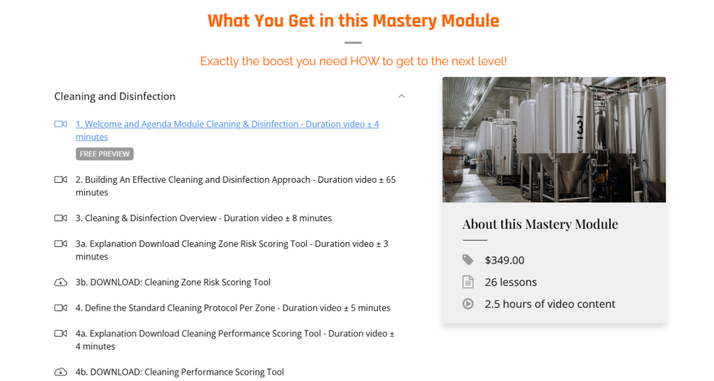 Screenshot of the "What You Get in this Mastery Module" section for the Cleaning and Disinfection training on Food Safety University. It shows the training content list on the left and pricing and video details on the right.