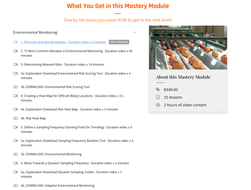 Course overview screen of the Environmental Monitoring Mastery Module showing 25 lessons and $349 pricing.