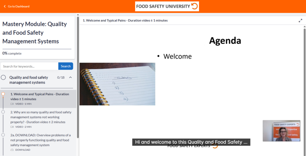 Screenshot of the Food Safety University online course interface for the Quality and Food Safety Management Systems Mastery Module. The video player shows the introduction slide with "Agenda" and "Welcome" on screen, and a video of a trainer speaking in the corner.