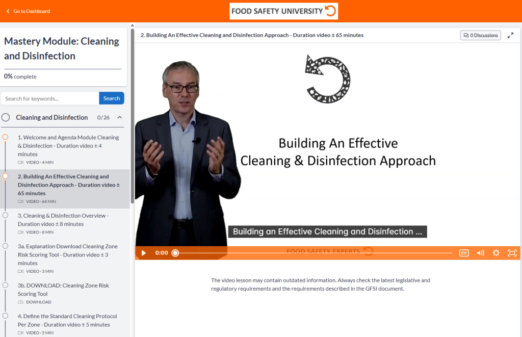 Screenshot of the Cleaning and Disinfection Mastery Module on Food Safety University showing the training video "Building an Effective Cleaning and Disinfection Approach" with presenter.